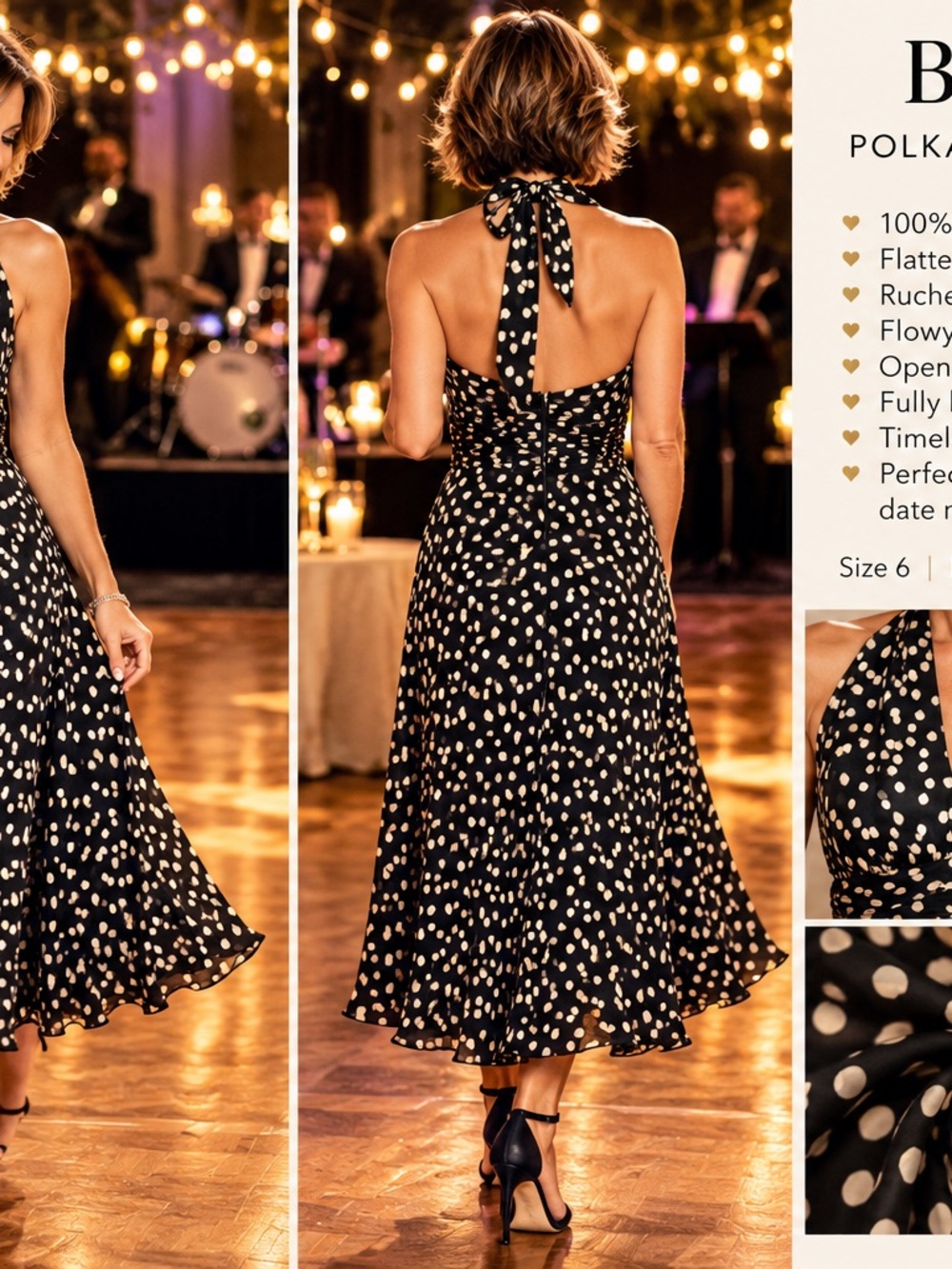 Backless Polka Dot Halter Midi Dress - Black/Cream